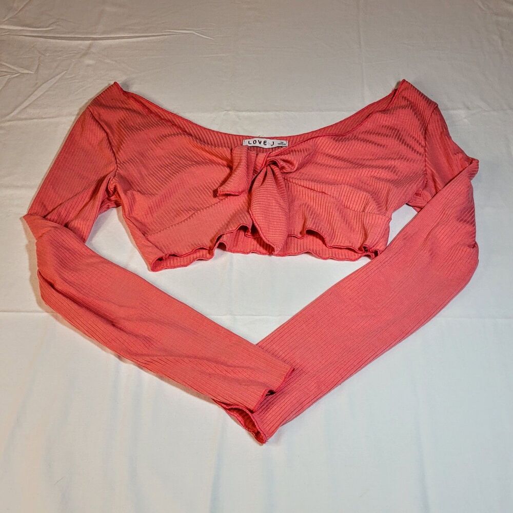 Love J M Lettuce Trim Crop Top Womens Coral Pink Ribbed Knit Frill Ruffle